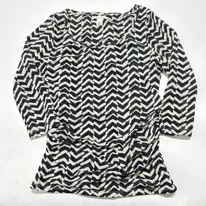 Y2K 2000s Kenneth Cole Women Blouse Size S Off White Black 100% Nylon Scoop Neck